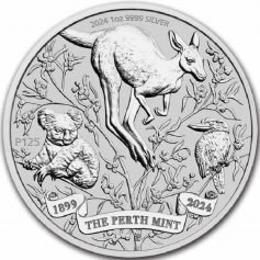 Серебряная монета Австралии 1 доллар «125-летие Пертского монетного двора: Коала, Кенгуру, Кукабарра» 2024 г.в., 31.1 г чистого серебра (проба 9999)